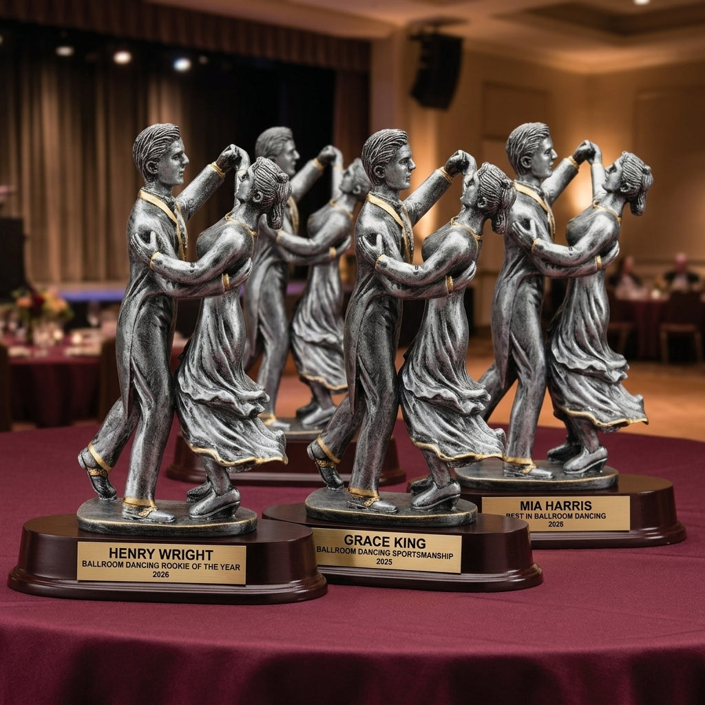 Customer reviews for Wood Unlimited personalized ballroom dancing trophies with 5-star ratings and trust badges