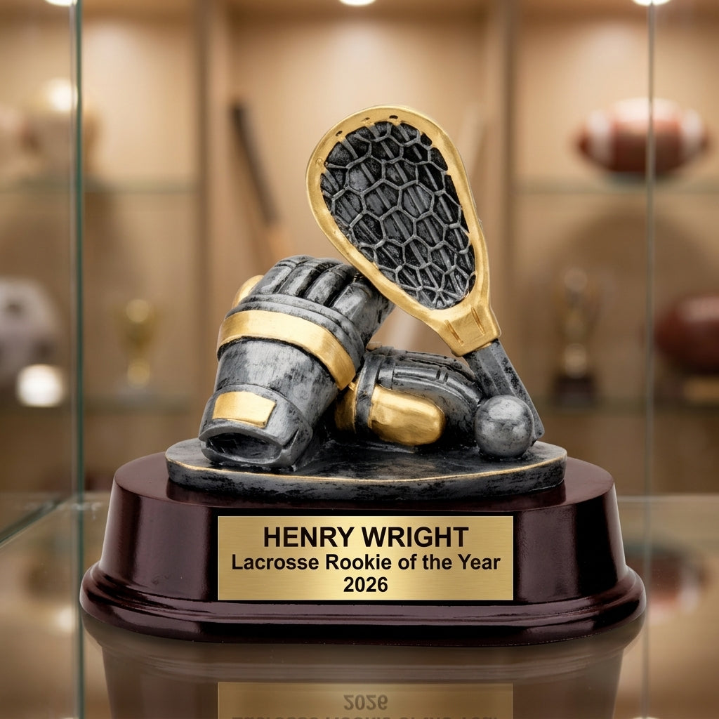 Lacrosse Trophy Award | Personalized | Custom Engraved | Lacrosse MVP | Gold Name Plate | Wood Unlimited - View 1