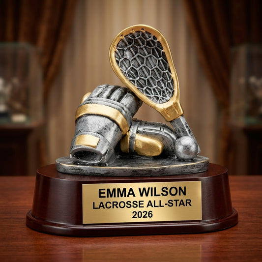 Lacrosse Trophy Award | Personalized | Custom Engraved | Lacrosse MVP | Gold Name Plate | Wood Unlimited - View 2