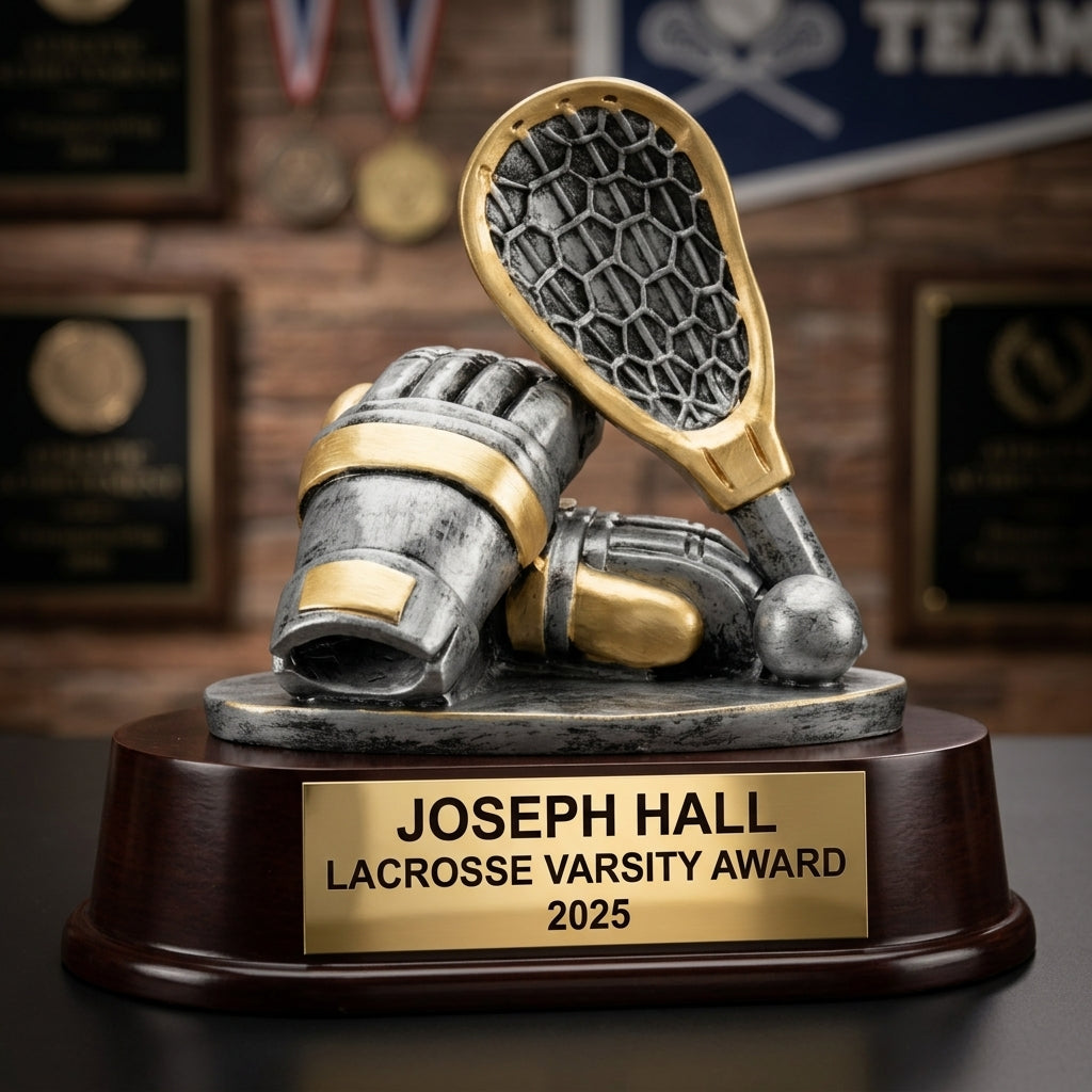 Lacrosse Trophy Award | Personalized | Custom Engraved | Lacrosse MVP | Gold Name Plate | Wood Unlimited - View 3