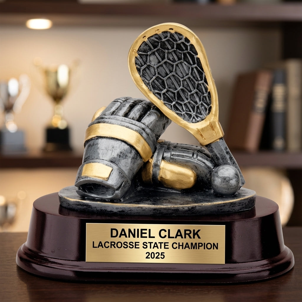 Lacrosse Trophy Award | Personalized | Custom Engraved | Lacrosse MVP | Gold Name Plate | Wood Unlimited - View 4
