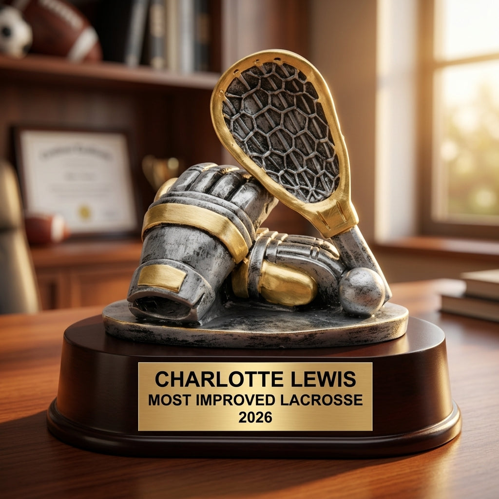 Lacrosse Trophy Award | Personalized | Custom Engraved | Lacrosse MVP | Gold Name Plate | Wood Unlimited - View 5