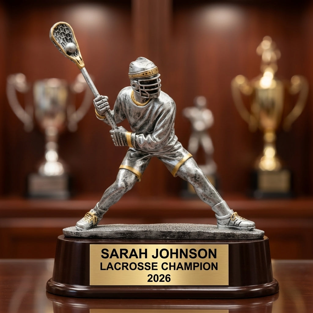 Lacrosse Trophy Award | Personalized | Custom Engraved | Lacrosse MVP | Gold Name Plate | Wood Unlimited - View 1