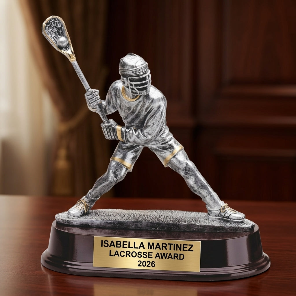 Lacrosse Trophy Award | Personalized | Custom Engraved | Lacrosse MVP | Gold Name Plate | Wood Unlimited - View 2
