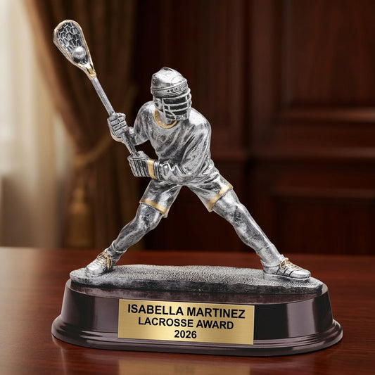 Lacrosse Trophy Award | Personalized | Custom Engraved | Lacrosse MVP | Gold Name Plate | Wood Unlimited - View 2