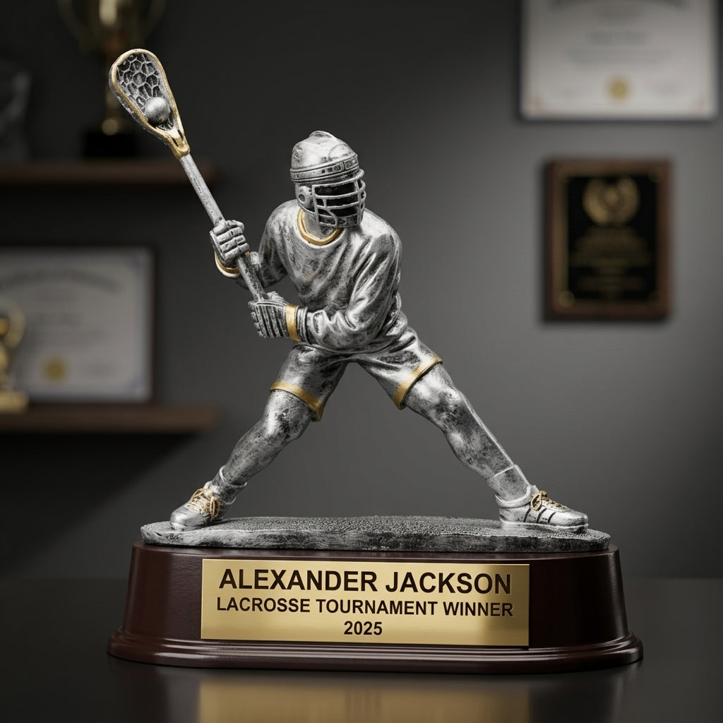Lacrosse Trophy Award | Personalized | Custom Engraved | Lacrosse MVP | Gold Name Plate | Wood Unlimited - View 3