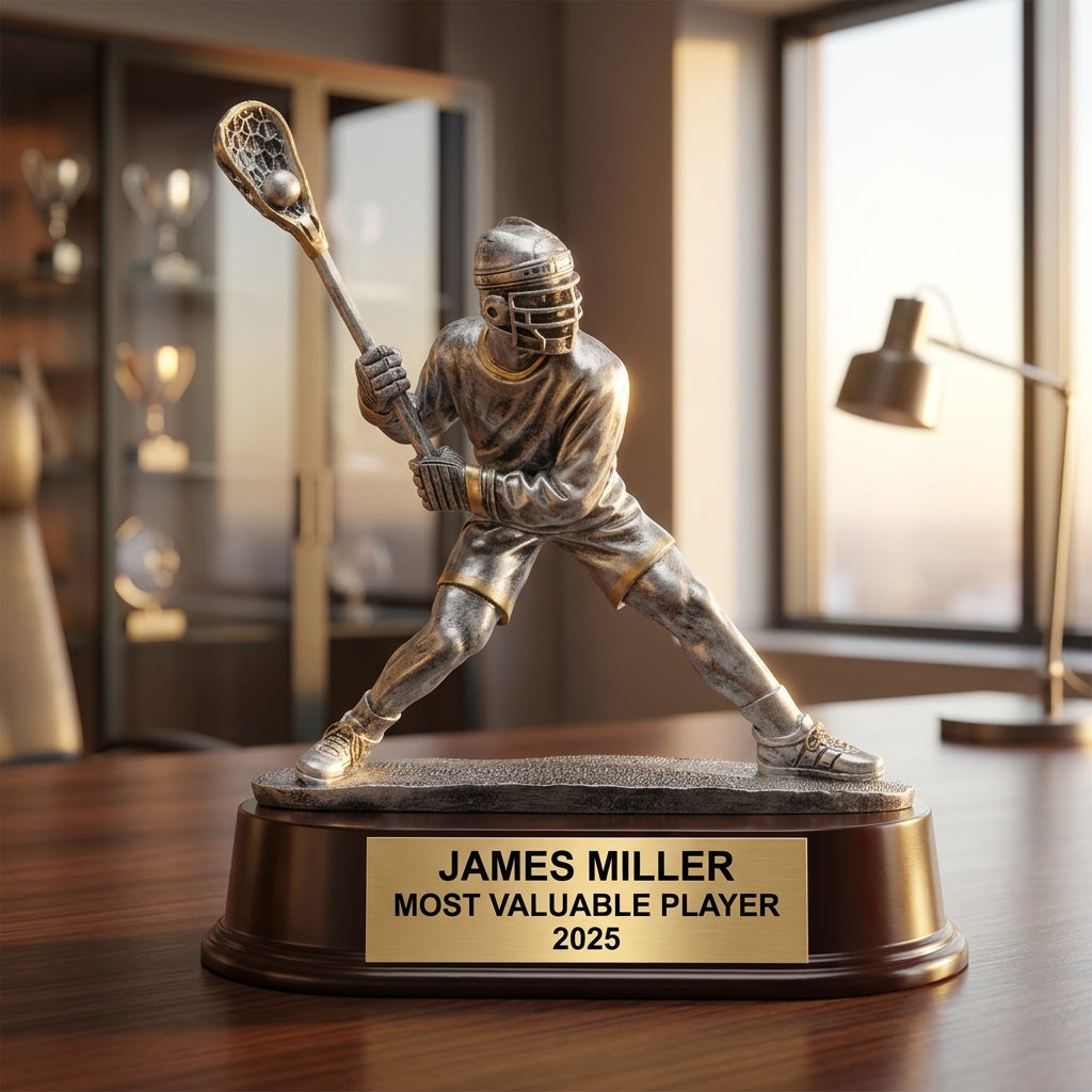 Lacrosse Trophy Award | Personalized | Custom Engraved | Lacrosse MVP | Gold Name Plate | Wood Unlimited - View 5