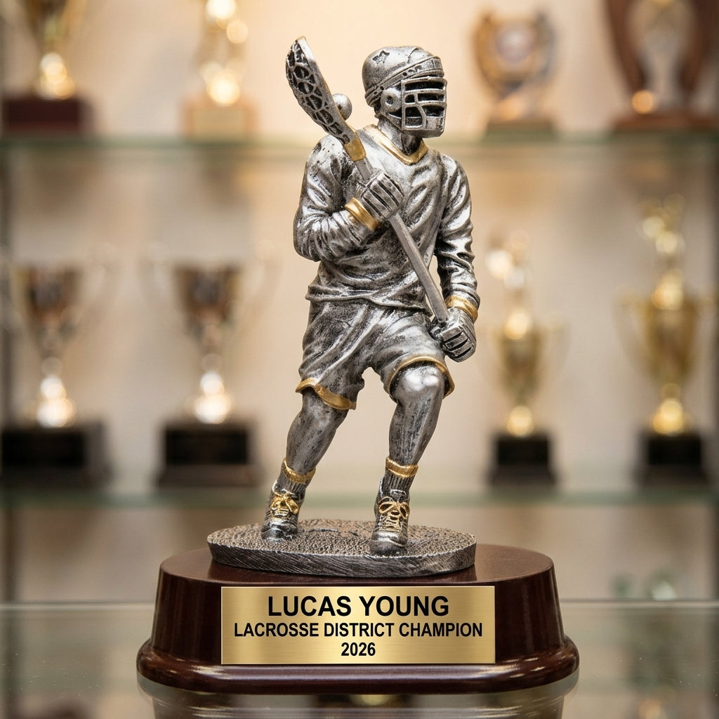 Lacrosse Trophy Award | Personalized | Custom Engraved | Lacrosse MVP | Gold Name Plate | Wood Unlimited - View 1