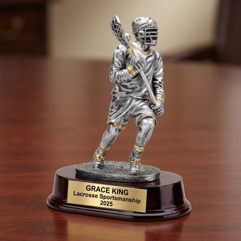 Lacrosse Trophy Award | Personalized | Custom Engraved | Lacrosse MVP | Gold Name Plate | Wood Unlimited - View 2
