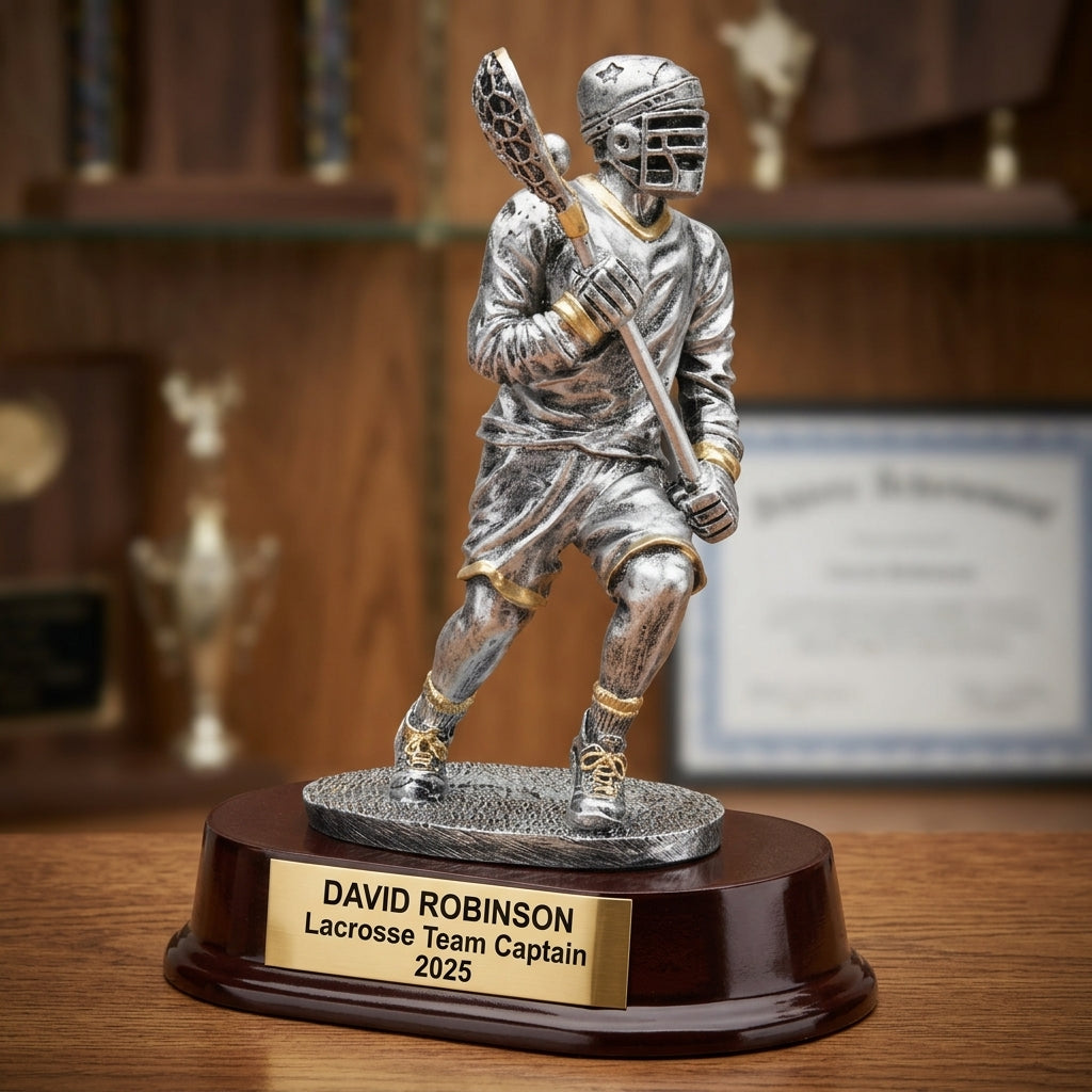 Lacrosse Trophy Award | Personalized | Custom Engraved | Lacrosse MVP | Gold Name Plate | Wood Unlimited - View 3