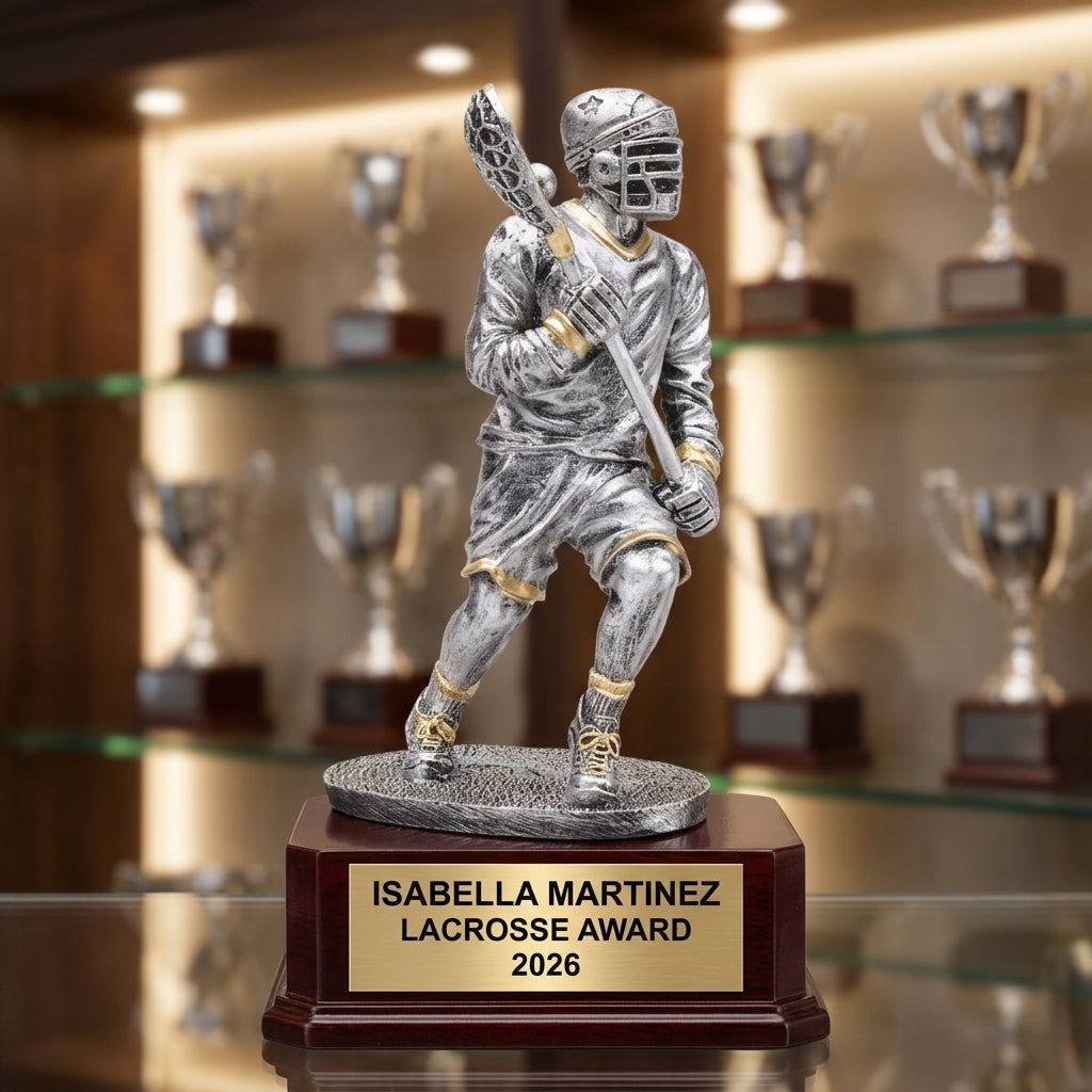 Lacrosse Trophy Award | Personalized | Custom Engraved | Lacrosse MVP | Gold Name Plate | Wood Unlimited - View 4