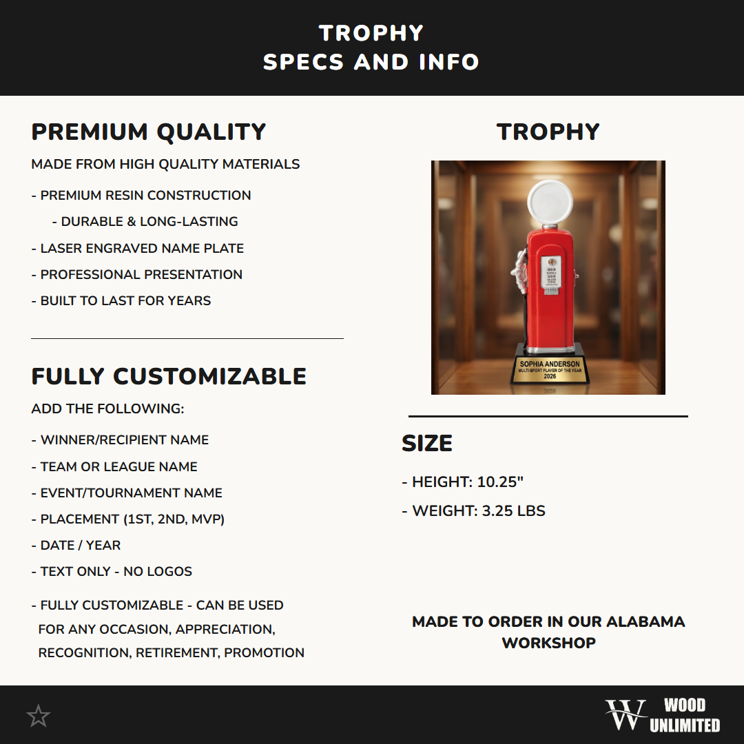 Personalized | Multi-Sport Award | Custom Engraved | Trophy | Engraved | Award | Athletic | Team | Champion | Vintage Gas Pump | Custom