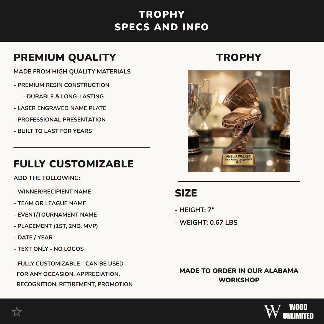 Personalized Auto Racing Trophy, Custom Engraved Motorsports Award, Race Car Driver Gift