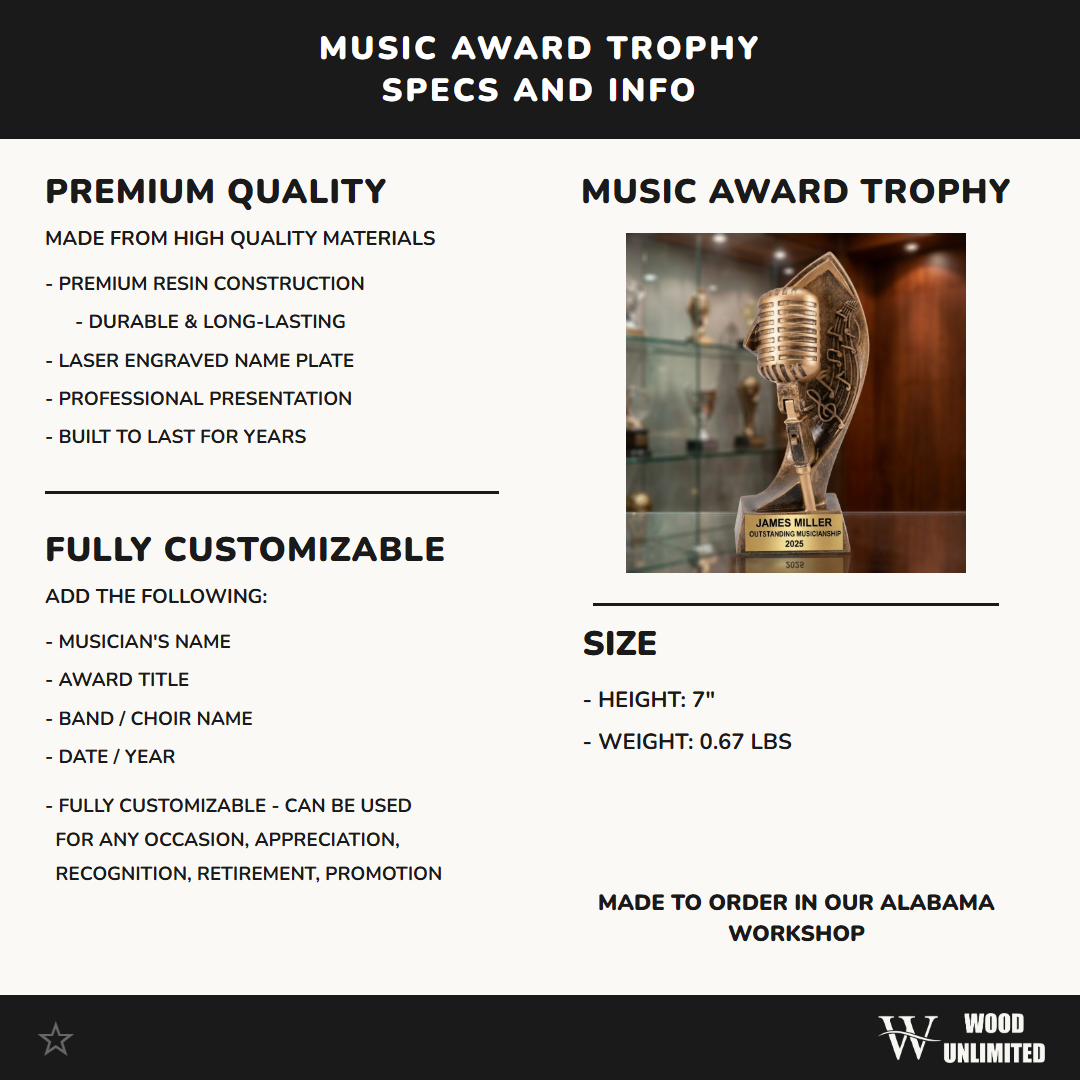 Personalized | Music Award | Custom Engraved | Music Trophy | Singing Award | Microphone | Vocalist Gift | Choir Award | Performer
