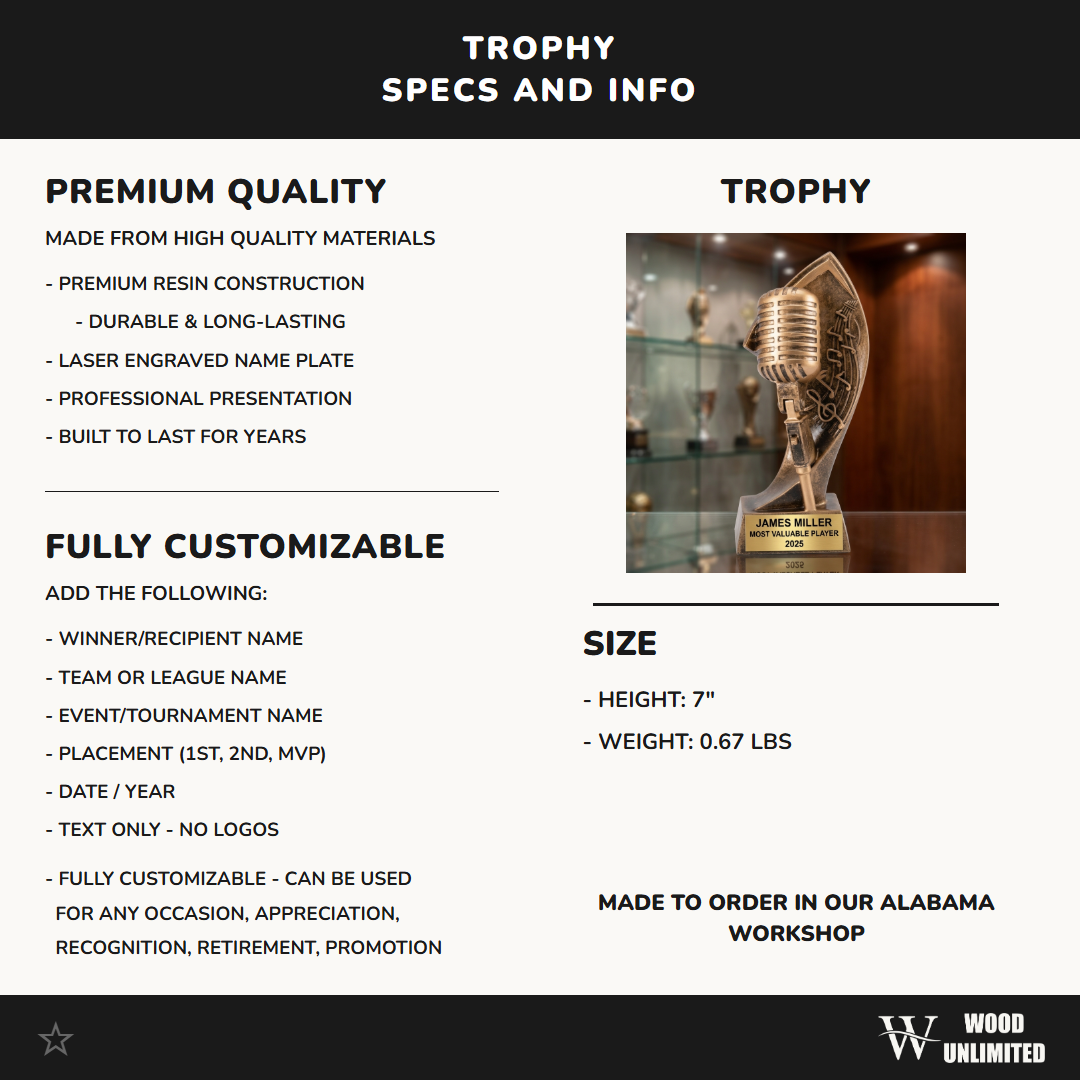 Personalized | Music Award | Custom Engraved | Music Trophy | Singing Award | Microphone | Vocalist Gift | Choir Award | Performer
