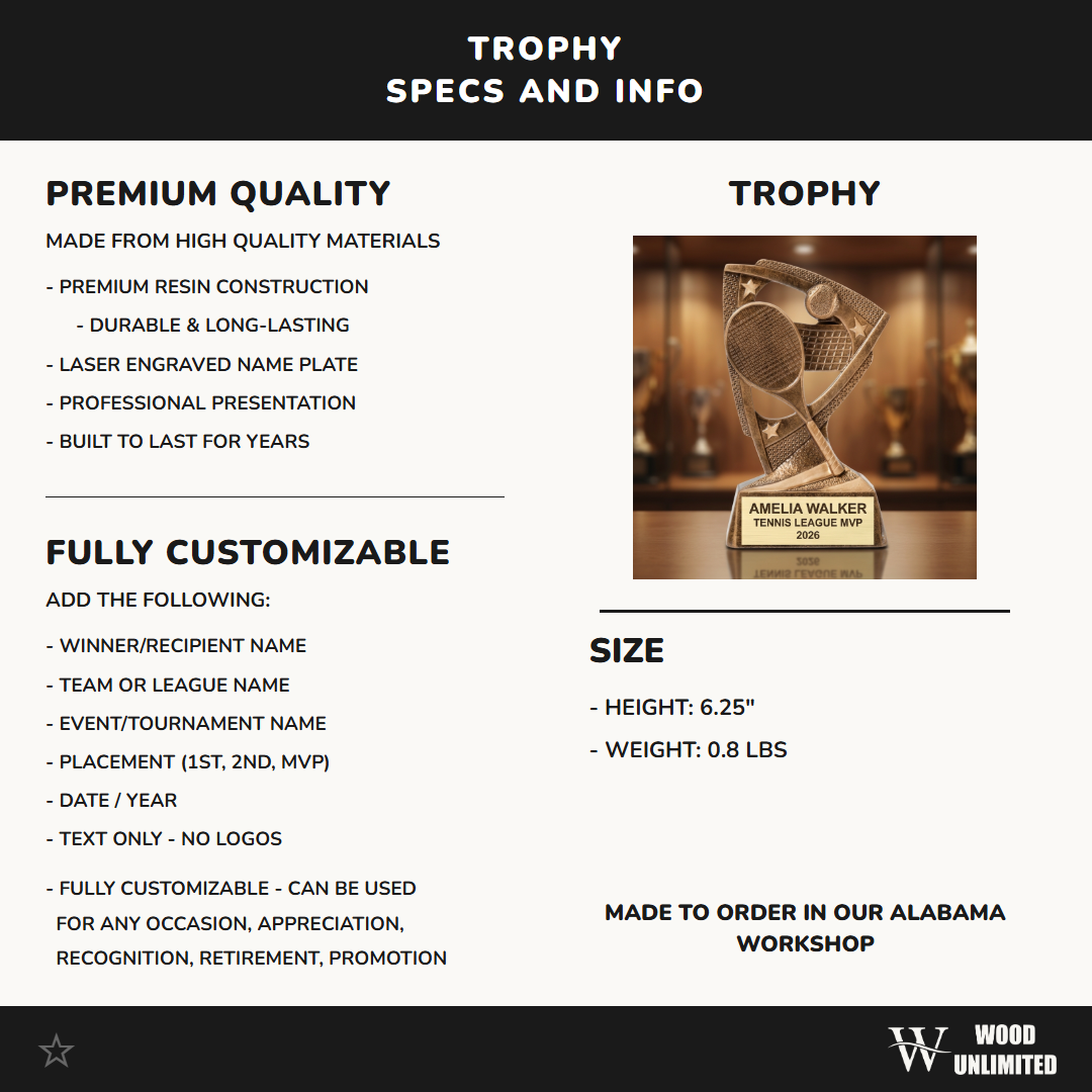 Personalized | Tennis Award | Custom Engraved | Tennis Trophy | Personalized Award | MVP Trophy | Youth Tennis | Coach Gift | Team Award