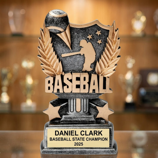 Personalized 6.25-inch baseball trophy with custom laser-engraved gold nameplate on weighted base for awards and recognition