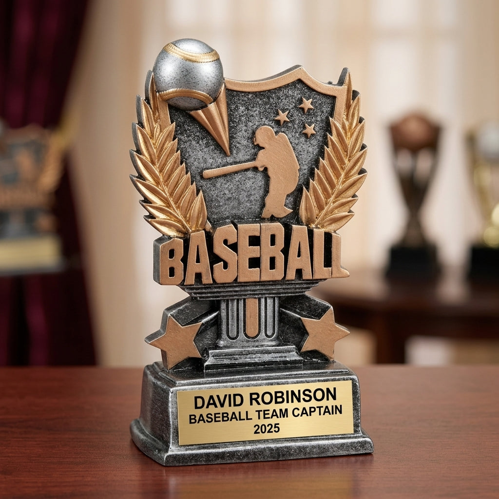 Baseball trophy specifications showing 6.25-inch height, gold finish, resin construction, and personalization options