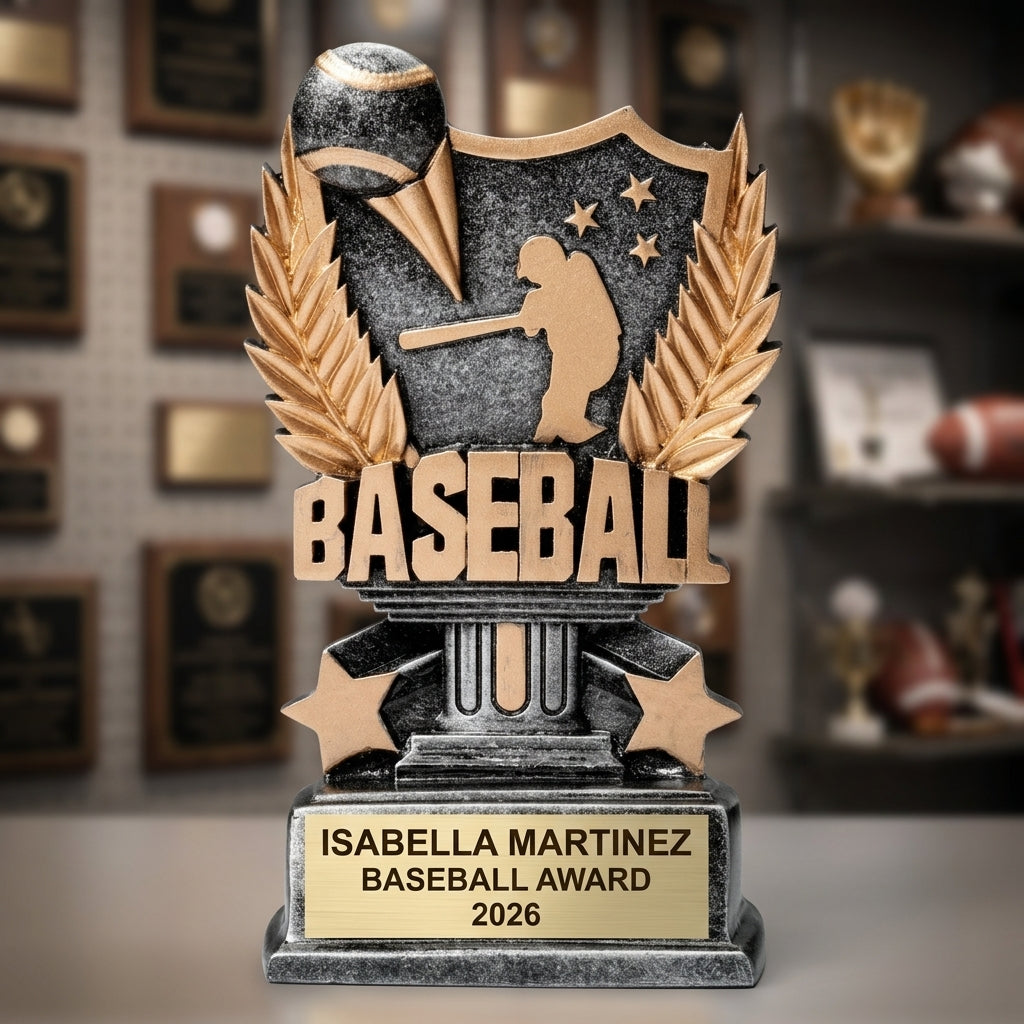 Baseball trophy banquet display with multiple personalized awards featuring custom laser engraving