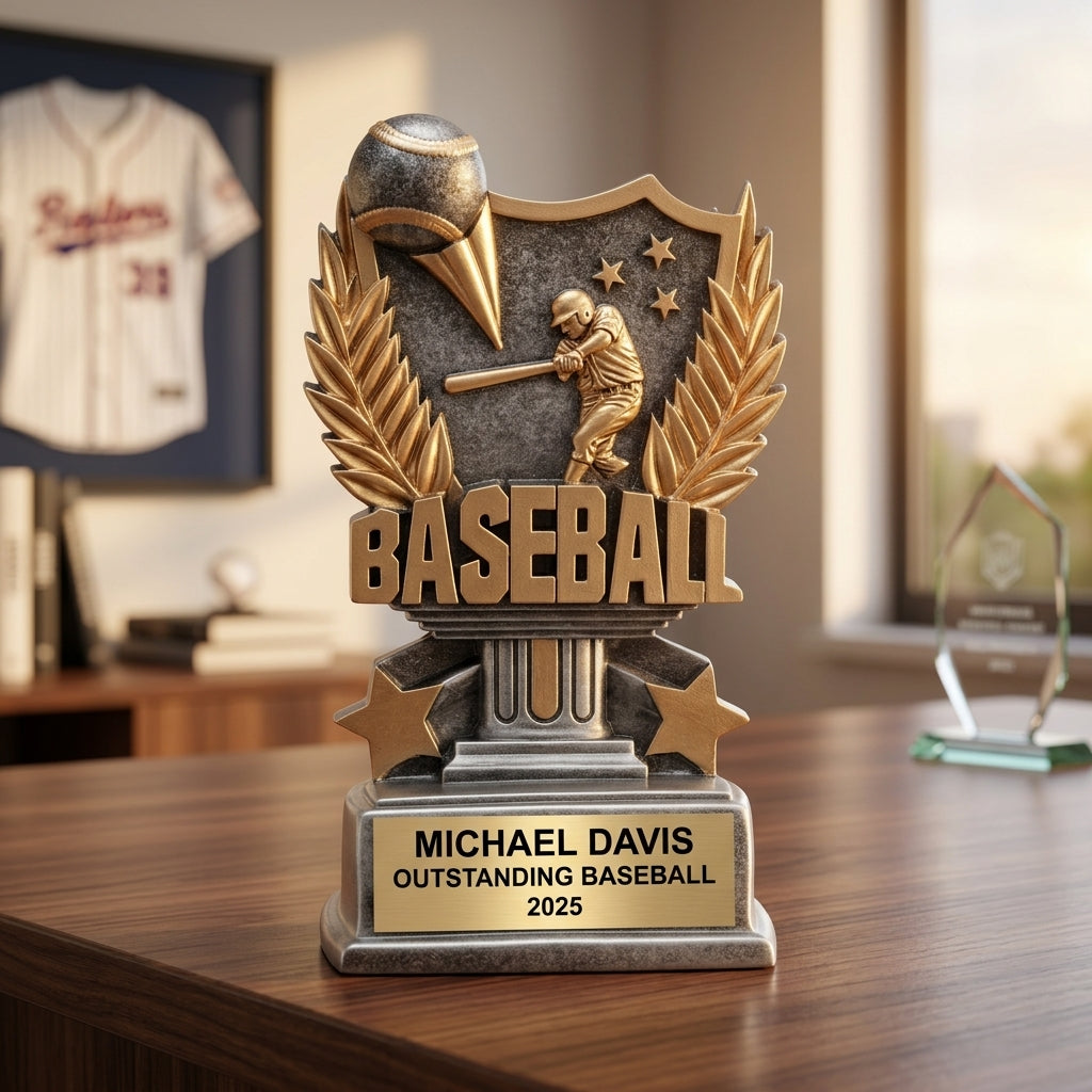 Close-up of laser-engraved gold nameplate on personalized baseball trophy showing custom name, achievement, and year