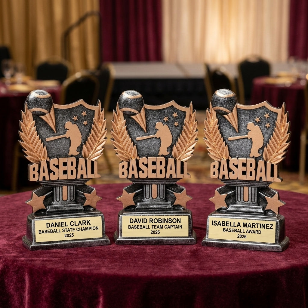 Customer reviews for Wood Unlimited personalized baseball trophies with 5-star ratings and trust badges