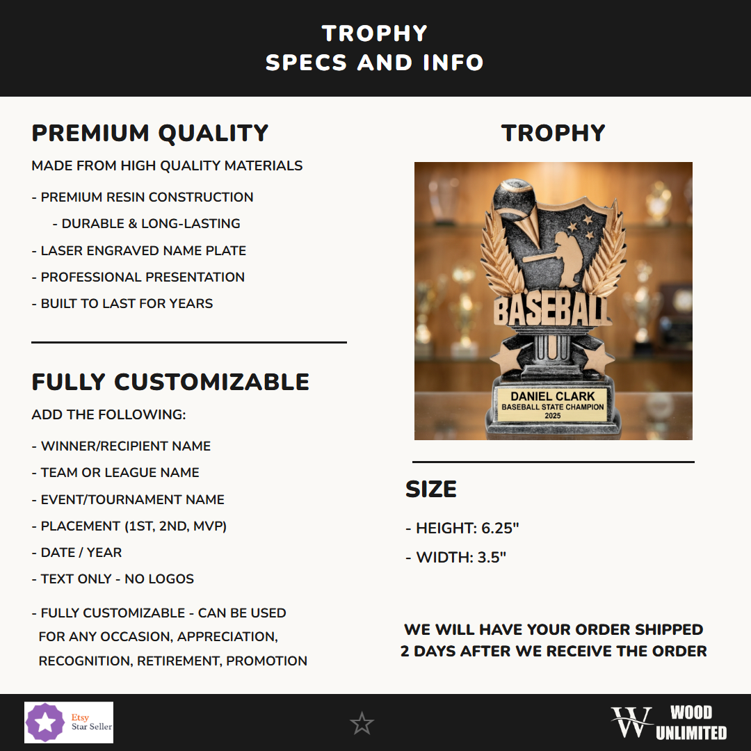 Custom engraved baseball trophy perfect for youth leagues, coaches gifts, and end-of-season team recognition