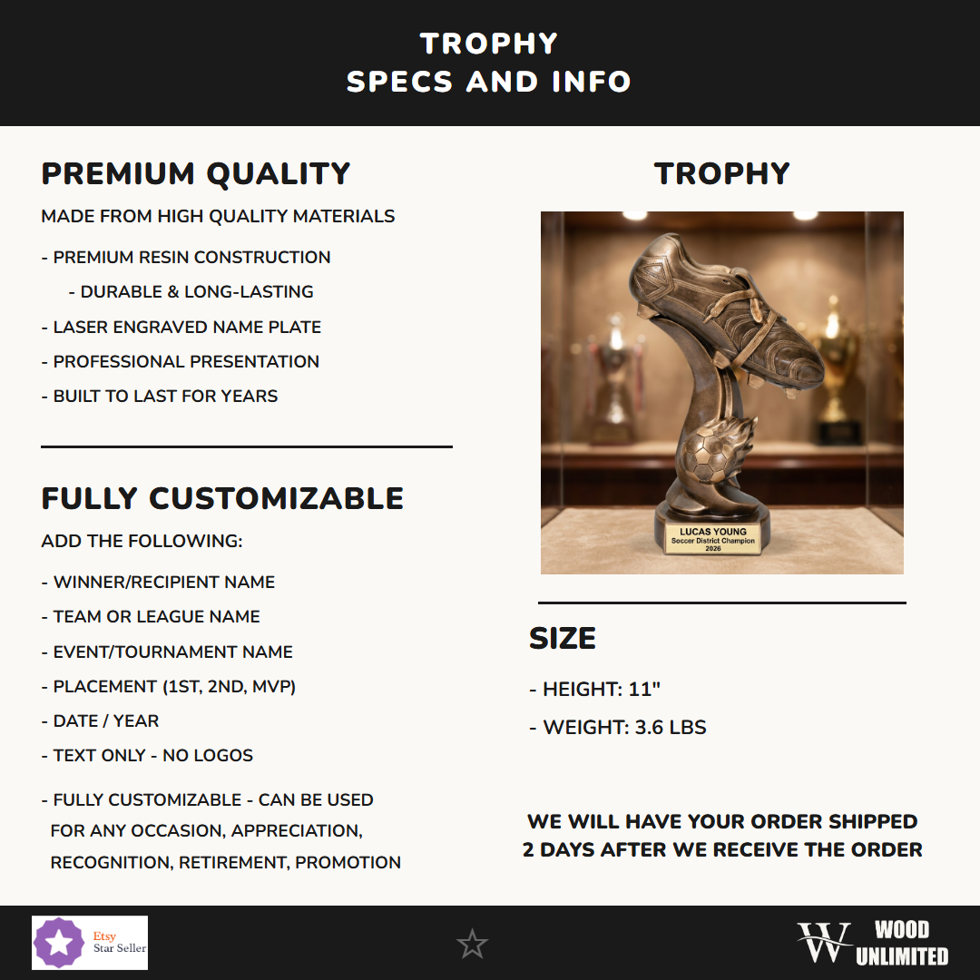 Soccer Award Trophy | Personalized | Custom Engraved | Fireball Resin | Soccer Gift | Team MVP | Tournament Champion