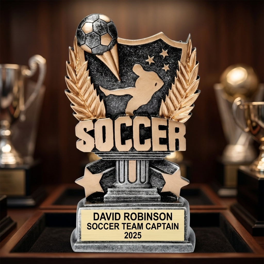 Personalized 6.25-inch soccer trophy with custom laser-engraved gold nameplate on weighted base for awards and recognition