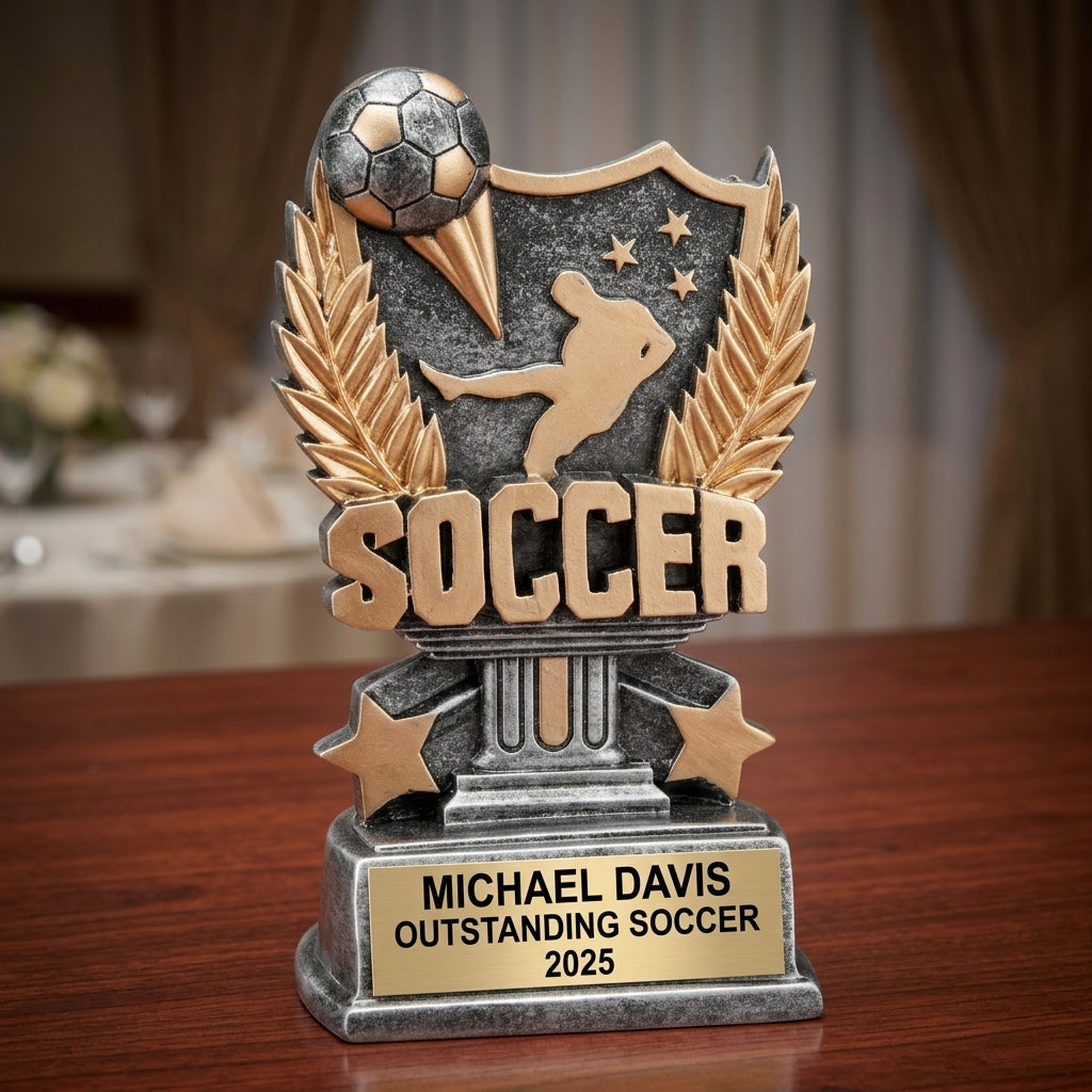 Soccer trophy specifications showing 6.25-inch height, gold finish, resin construction, and personalization options