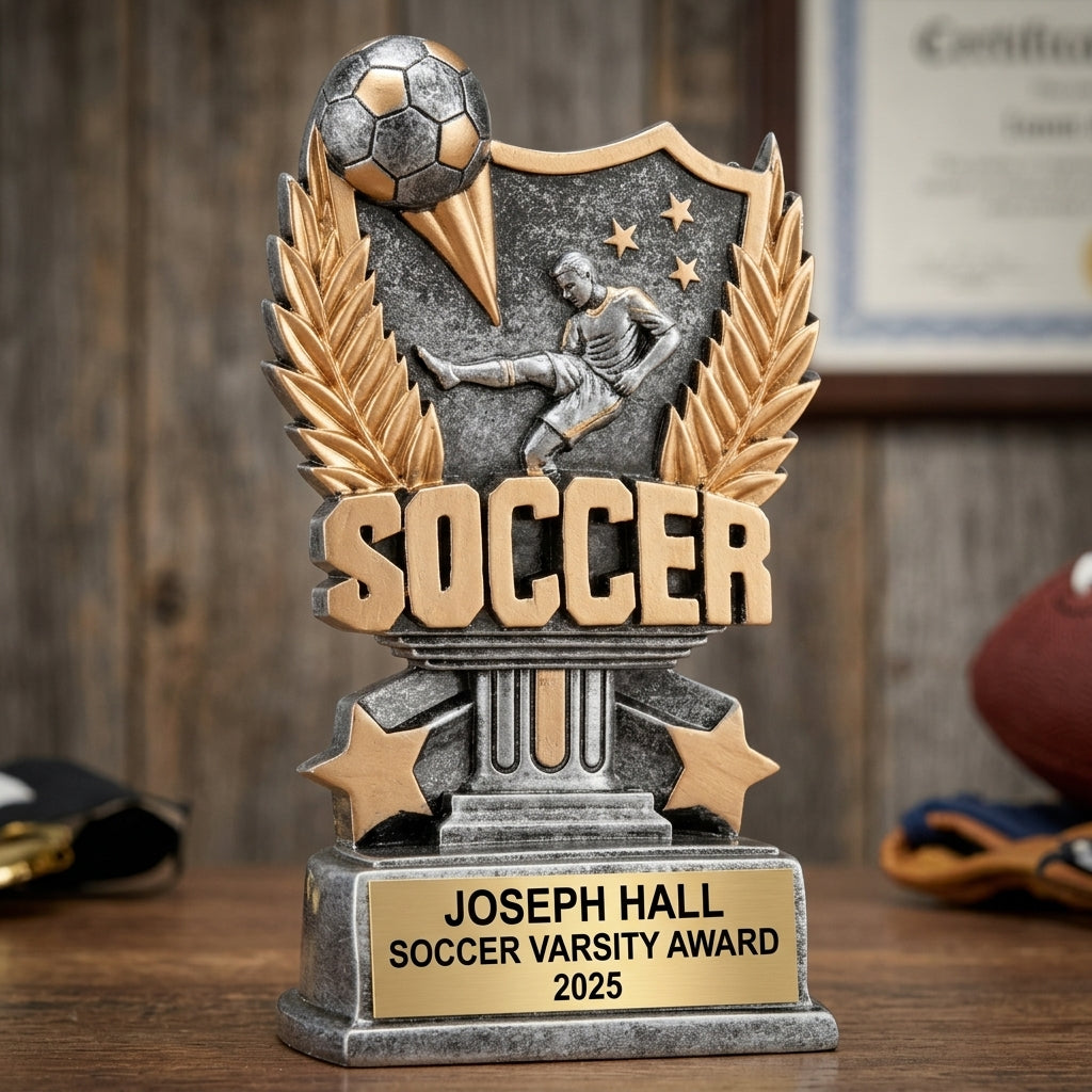 Soccer trophy banquet display with multiple personalized awards featuring custom laser engraving