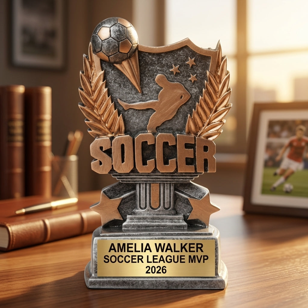 Close-up of laser-engraved gold nameplate on personalized soccer trophy showing custom name, achievement, and year