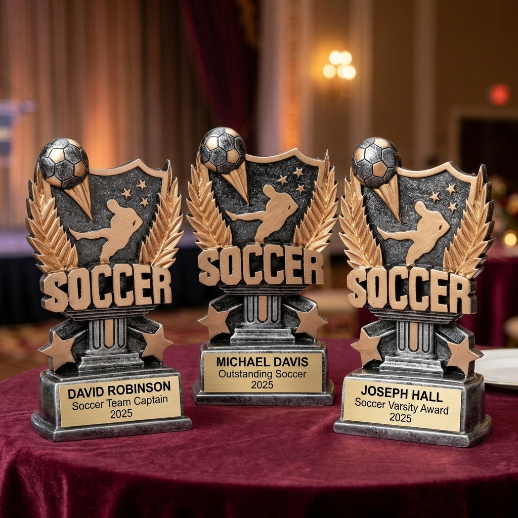 Customer reviews for Wood Unlimited personalized soccer trophies with 5-star ratings and trust badges