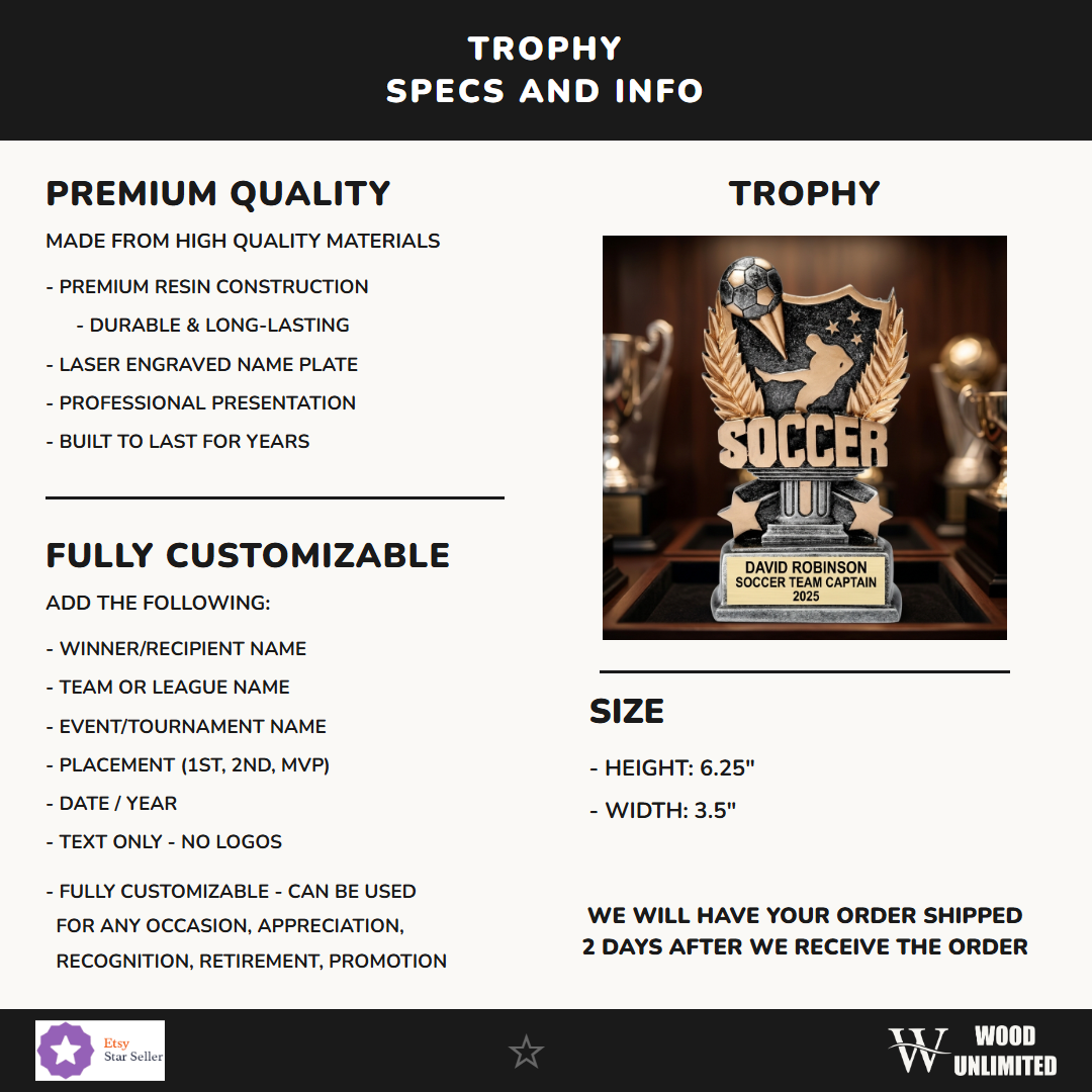 Custom engraved soccer trophy perfect for youth leagues, coaches gifts, and end-of-season team recognition