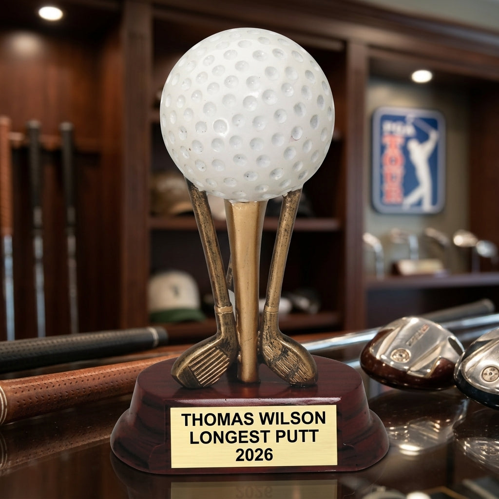 Golf Award Trophy | Personalized | Custom Engraved | Golf Ball On Clubs | Champion | Gift | Tournament | Hole In One - View 3