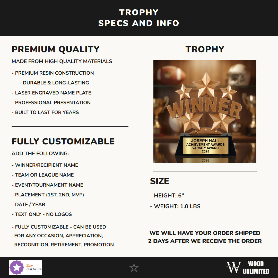 Personalized Personalized | Achievement Awards Award | Custom Engraved | Winner Star Award |  Specifications - dimensions, materials, features