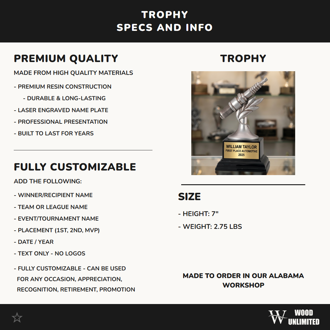 Personalized | Automotive Award | Custom Engraved | Spark Plug Trophy | Racing Trophy | Mechanic Gift | Engraved Award | Custom Trophy