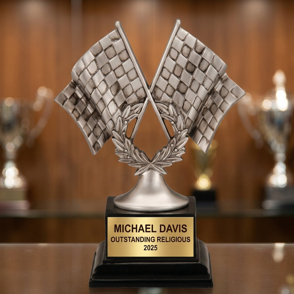 Personalized | Motor Sports Award | Custom Engraved | Racing Trophy | Checkered Flag | Personalized Race | Karting Award - View 1