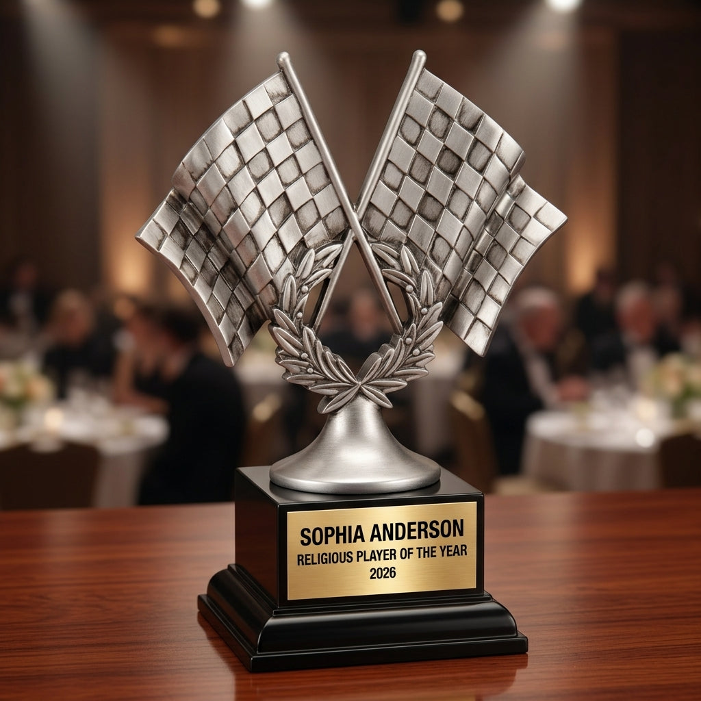 Personalized | Motor Sports Award | Custom Engraved | Racing Trophy | Checkered Flag | Personalized Race | Karting Award - View 2