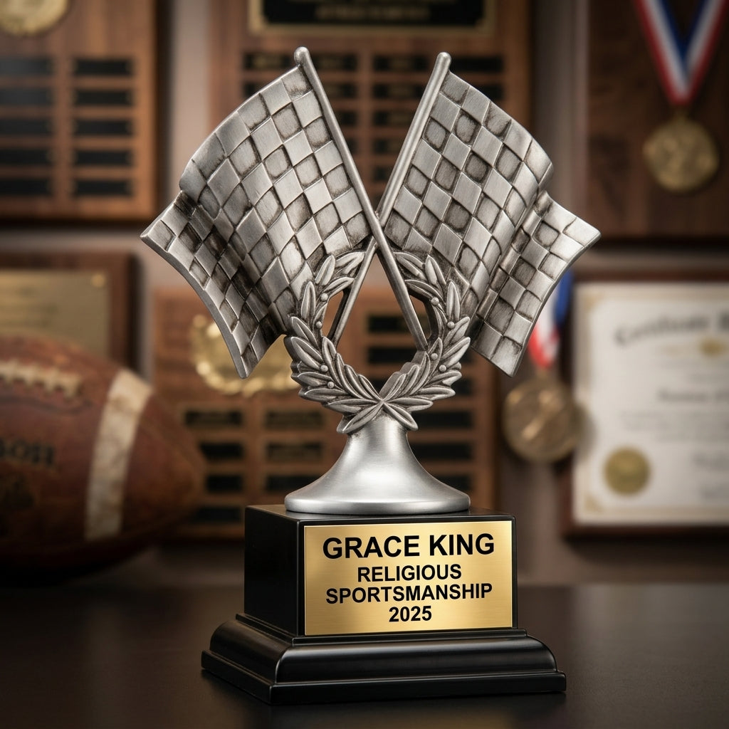 Personalized | Motor Sports Award | Custom Engraved | Racing Trophy | Checkered Flag | Personalized Race | Karting Award - View 3