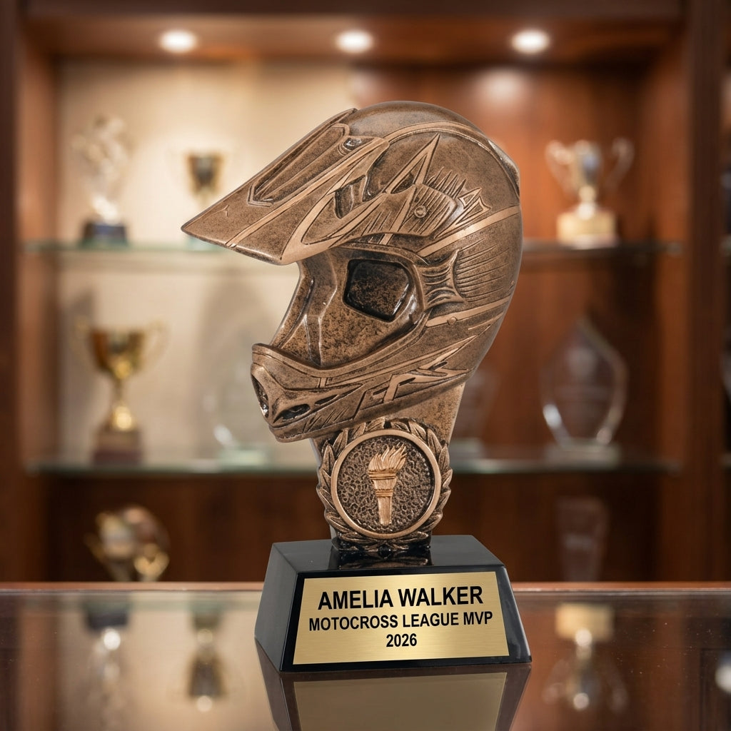 Personalized 6-inch motocross trophy with custom laser-engraved gold nameplate on weighted base for awards and recognition