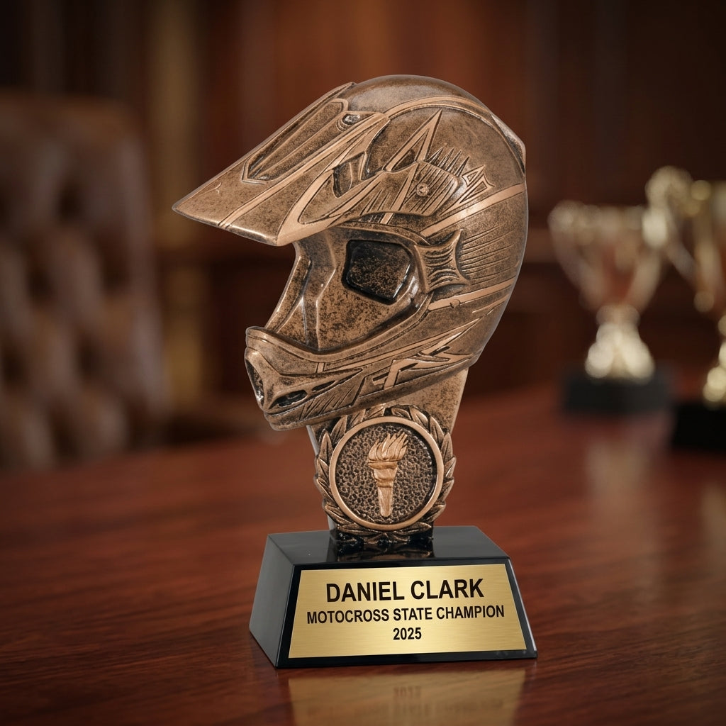 Motocross trophy specifications showing 6-inch height, gold finish, resin construction, and personalization options