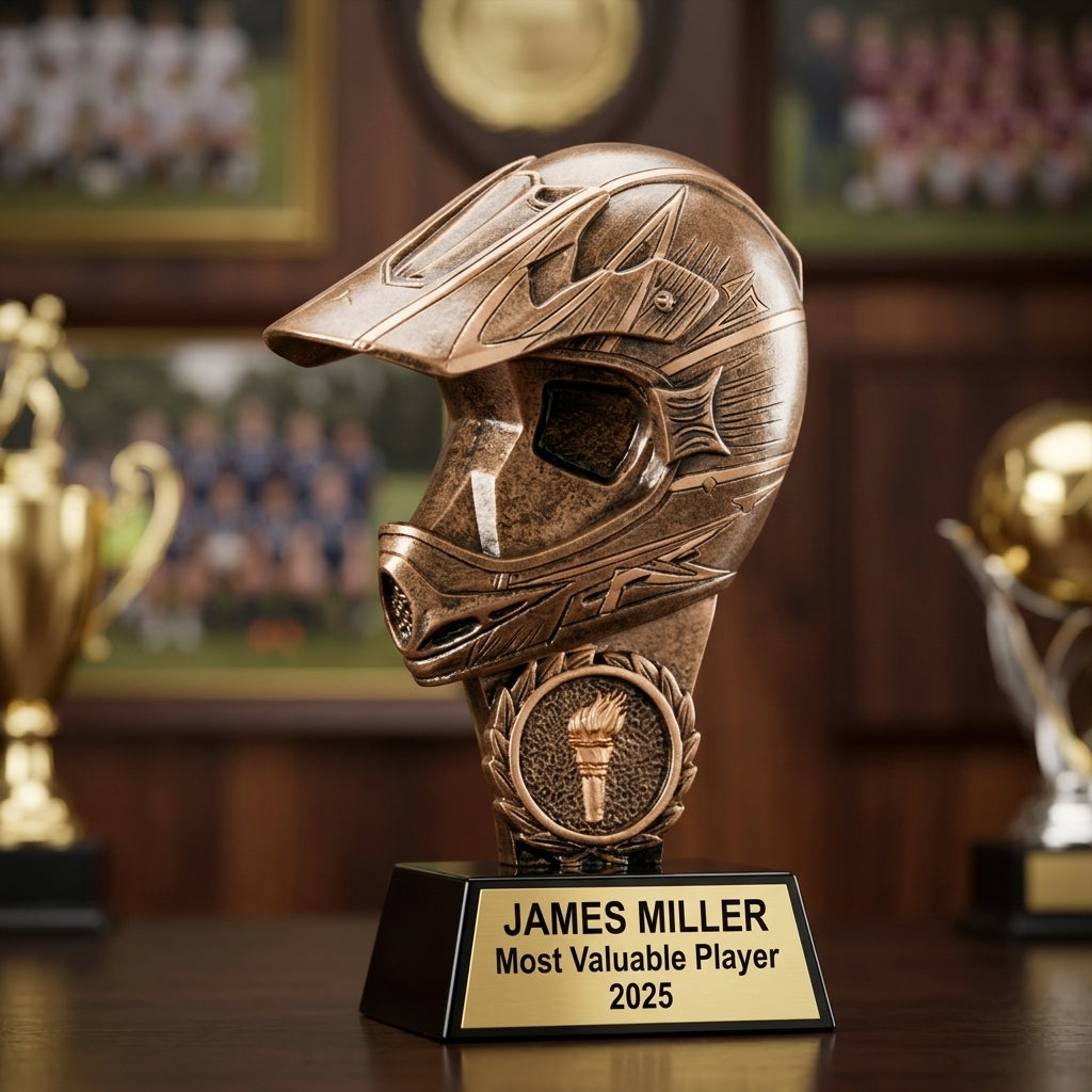 Motocross trophy banquet display with multiple personalized awards featuring custom laser engraving