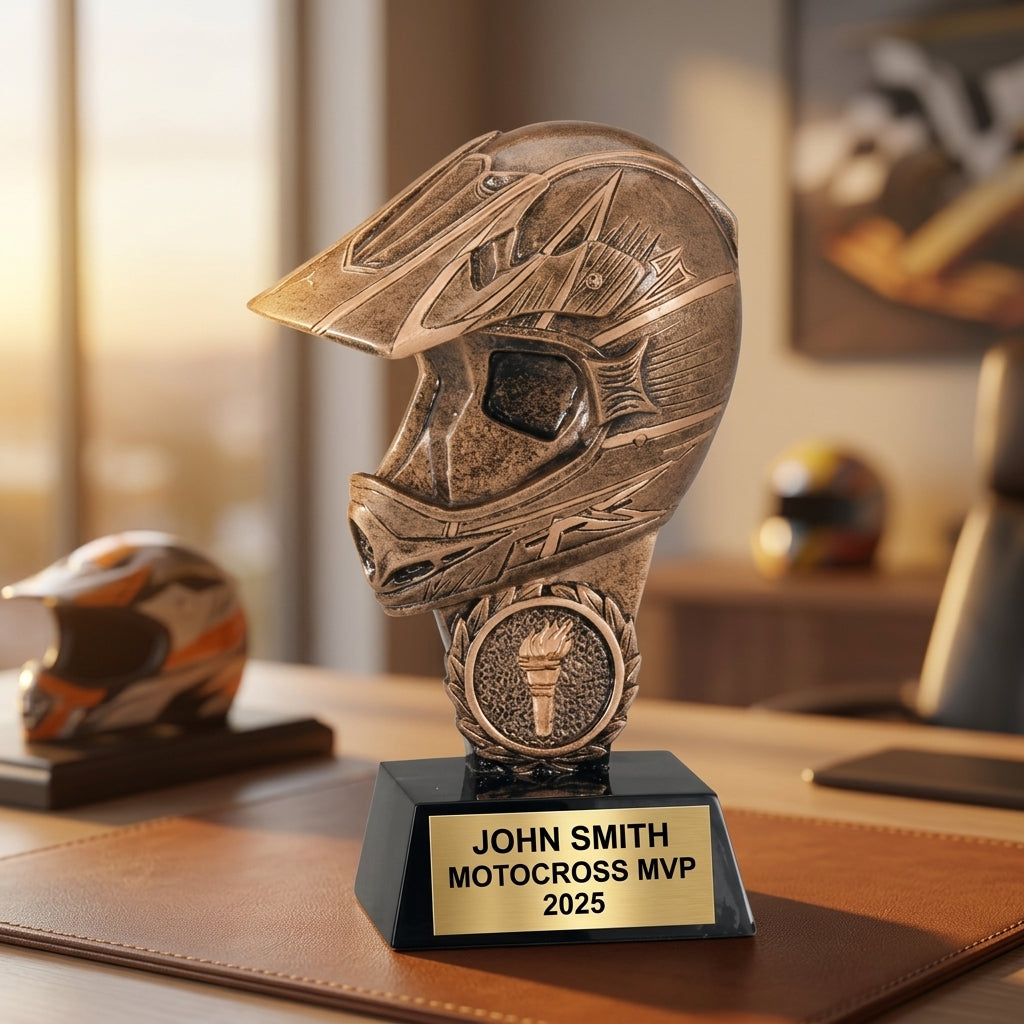 Close-up of laser-engraved gold nameplate on personalized motocross trophy showing custom name, achievement, and year