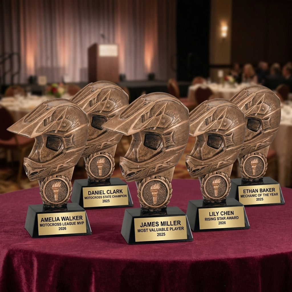 Customer reviews for Wood Unlimited personalized motocross trophies with 5-star ratings and trust badges