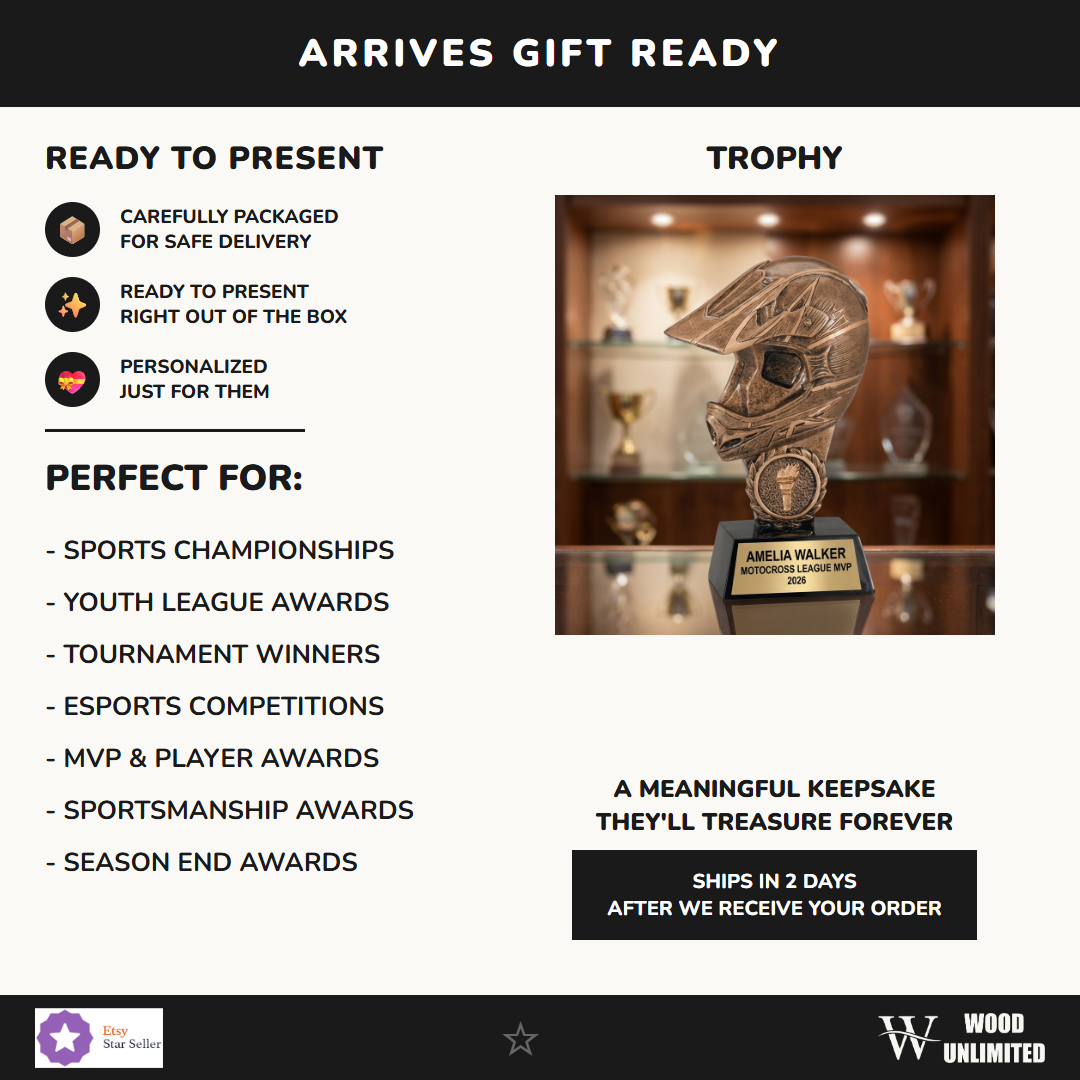 Personalized motocross trophy ideal for tournament champions, MVP recognition, and school athletics
