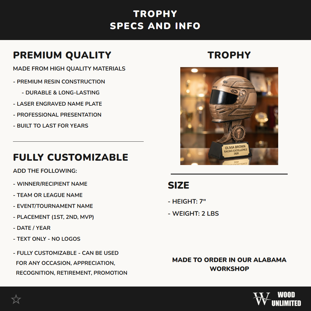 Personalized | Racing Award | Custom Engraved | Racing Helmet | Motorsports Trophy | Driver Award | Race Car | Personalized Gift