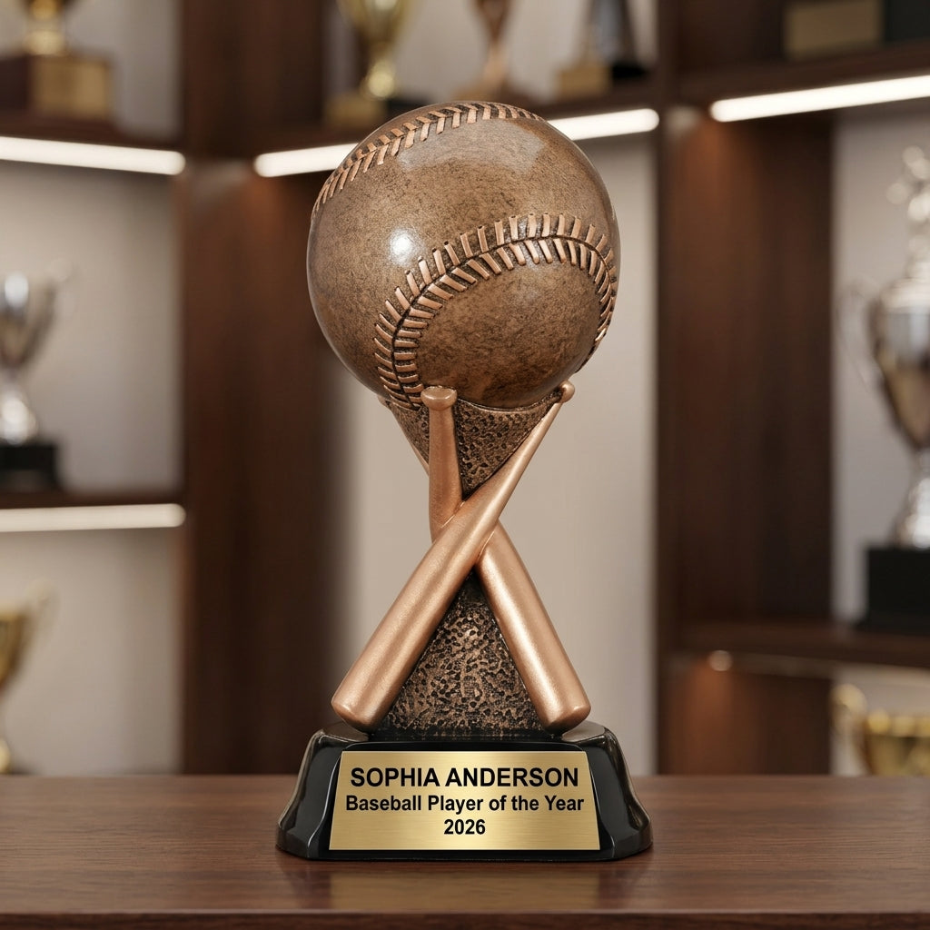 Personalized 6.5-inch baseball trophy with custom laser-engraved gold nameplate on weighted base for awards and recognition