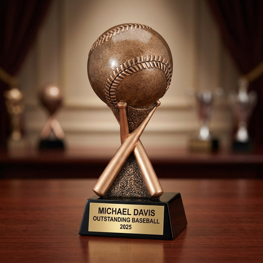 Baseball trophy specifications showing 6.5-inch height, gold finish, resin construction, and personalization options