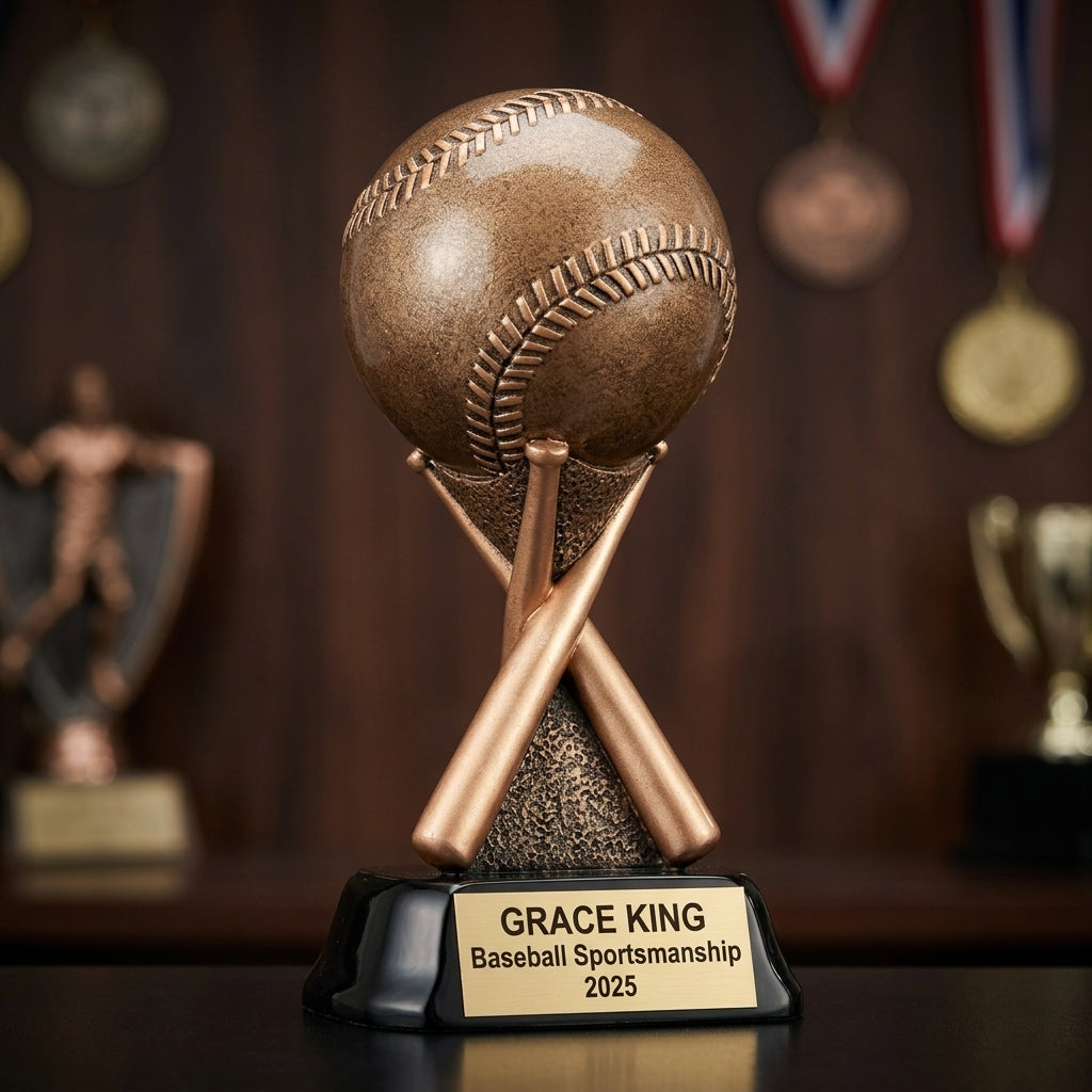 Baseball trophy banquet display with multiple personalized awards featuring custom laser engraving
