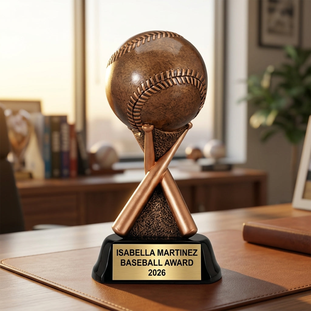 Close-up of laser-engraved gold nameplate on personalized baseball trophy showing custom name, achievement, and year